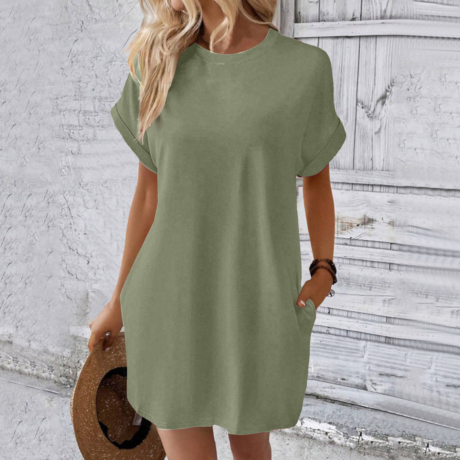 thumbnail image 3 of Vestido camiseta suave de manga corta holgado con bolsillos para mujer - Poliéster spandex, informal de verano - S-XXL, 3 of 7